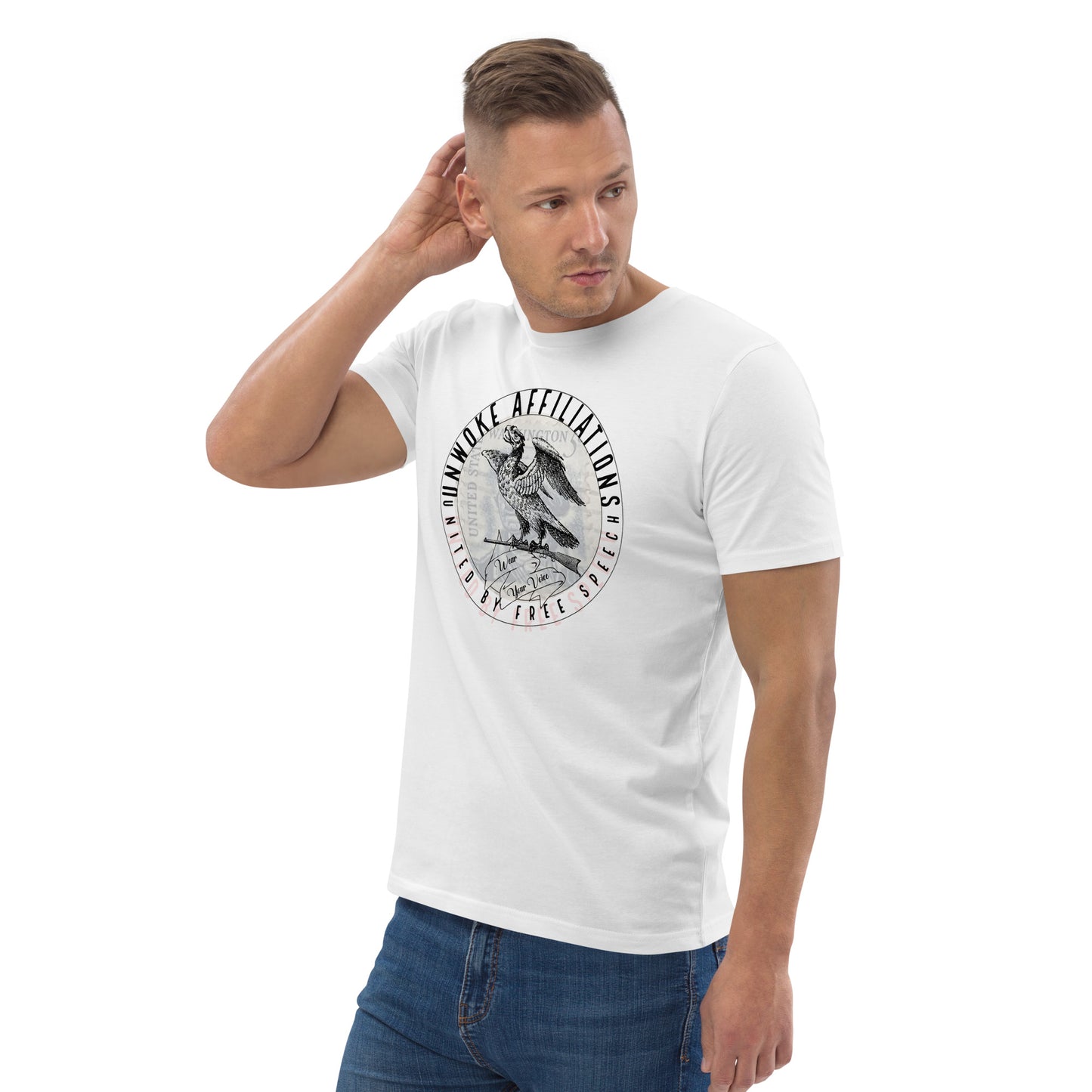 Unwoke Affiliates (White) Unisex organic cotton t-shirt