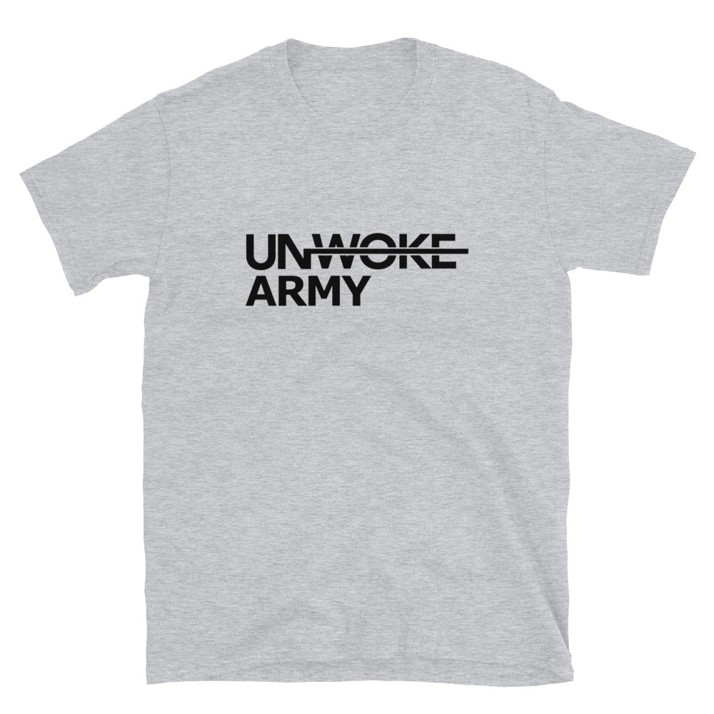 Unwoke Army (Black Font) Minimalist Grey Short-Sleeve Unisex T-Shirt- 2 Color Options